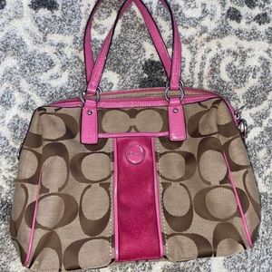 Coach signature stripe satchel in khaki / pink